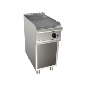 Plaque à snacker rainurée chromée à gaz sur meuble ouvert 400x700x850mm