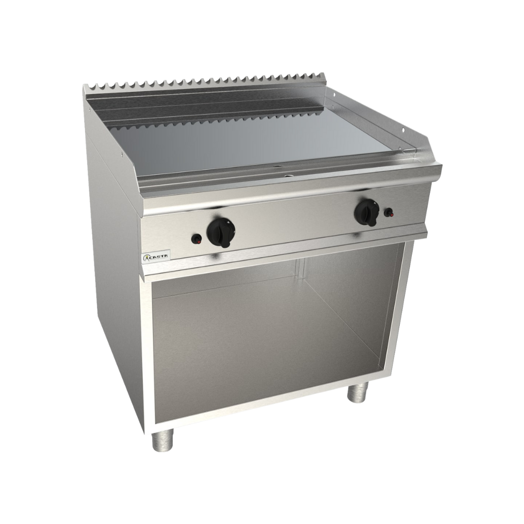 Plaque à snacker lisse chromée à gaz sur meuble ouvert 800x700x850mm