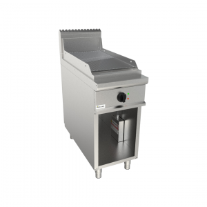 Plaque à snacker rainurée chromée électrique sur meuble ouvert 400x900x850mm